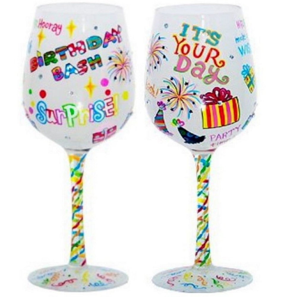 Birthday Bash Bottom's Up Hand Painted Wine Glass with Bling